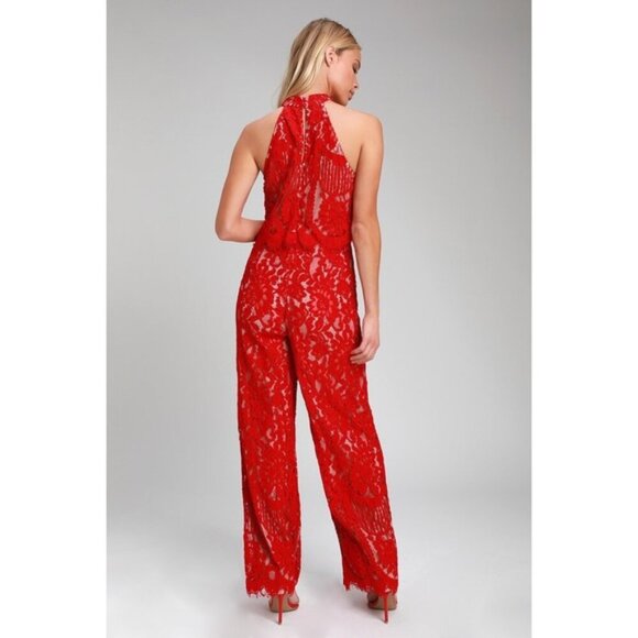 Lulus Britney Red Lace Halter Jumpsuit - Picture 2 of 8